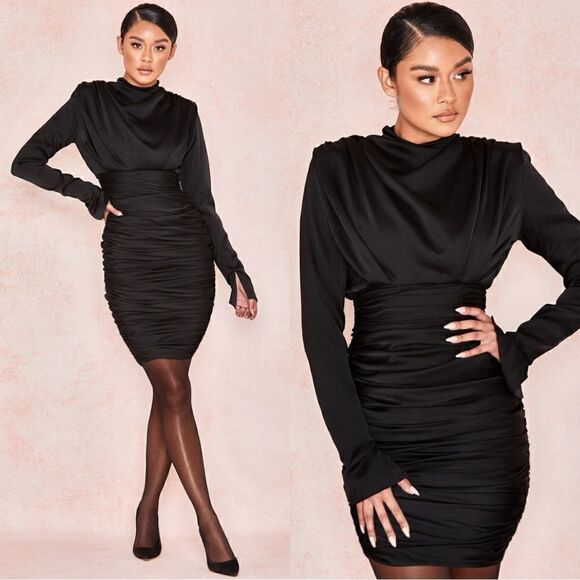 HOUSE OF CB GIORGIANA SATIN RUCHED MINI DRESS - Picture 1 of 11